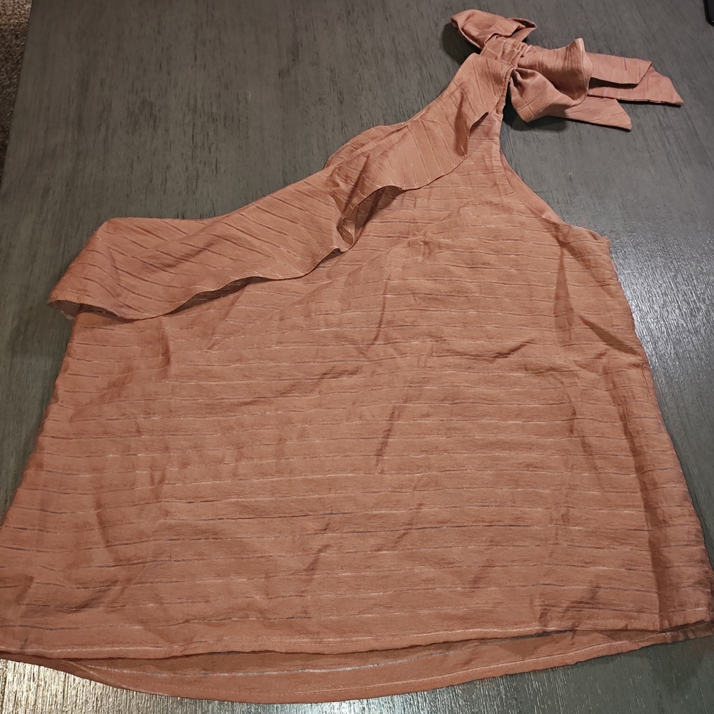 Nine West one-shoulder ruffle blouse in a rustic brown color-sheer stripes Small - Picture 2 of 6